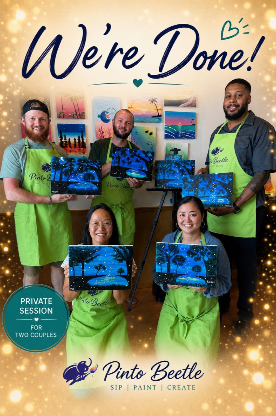 Pinto Beetle private session guests smiling with their finished firefly forest paintings