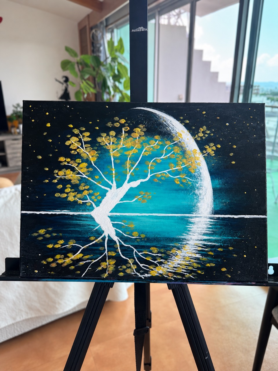 Moonlit Ginkgo painting with a glowing crescent moon and golden ginkgo leaves against a deep blue night sky