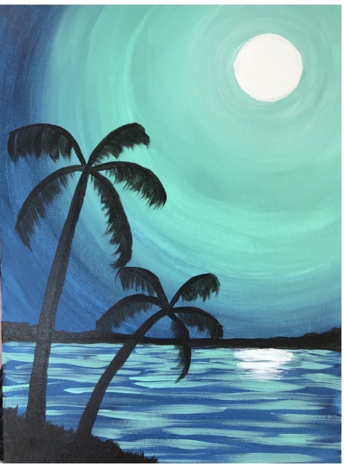Moonlit ocean painting with palm tree silhouettes