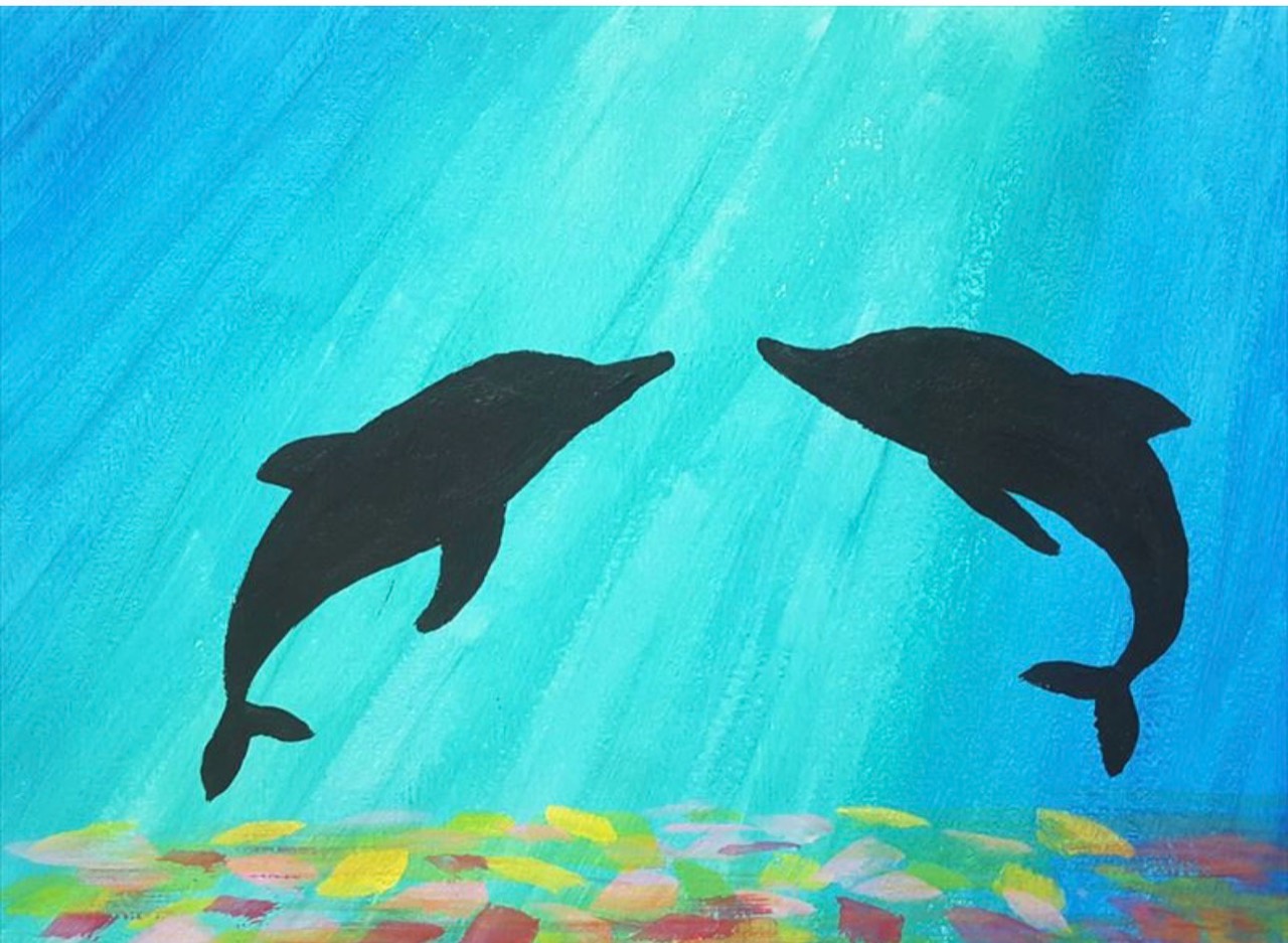Ocean Friends Dolphins painting design with two dolphin silhouettes in bright turquoise water