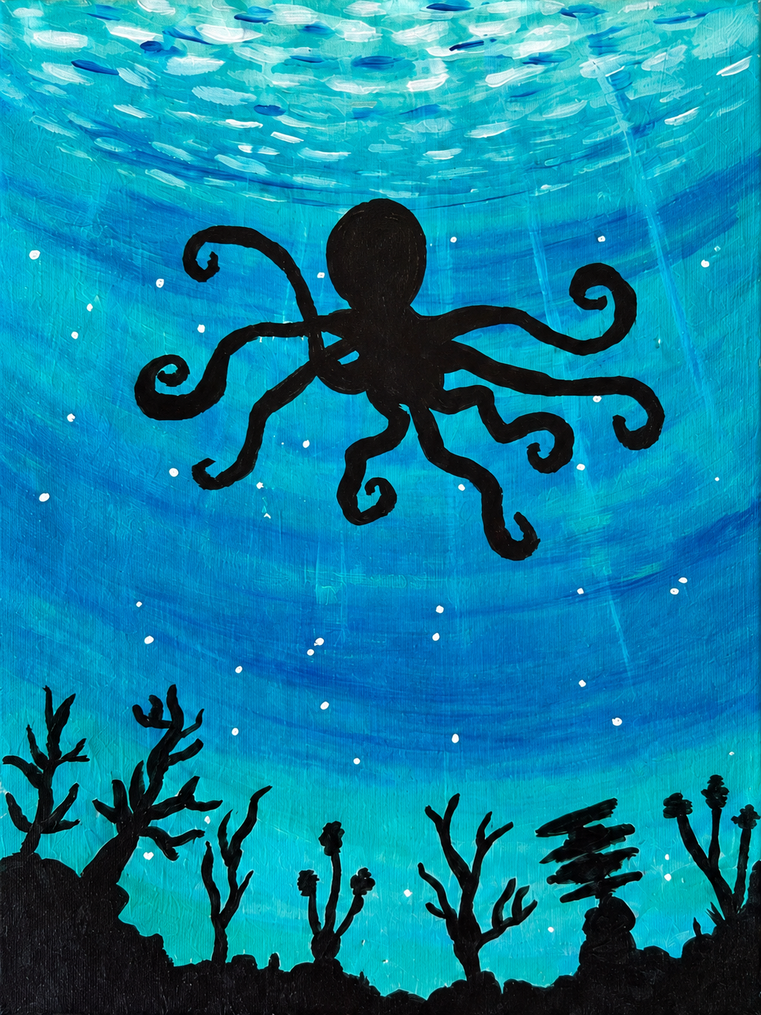 Octopus's Garden painting design with a black octopus silhouette in bright turquoise water