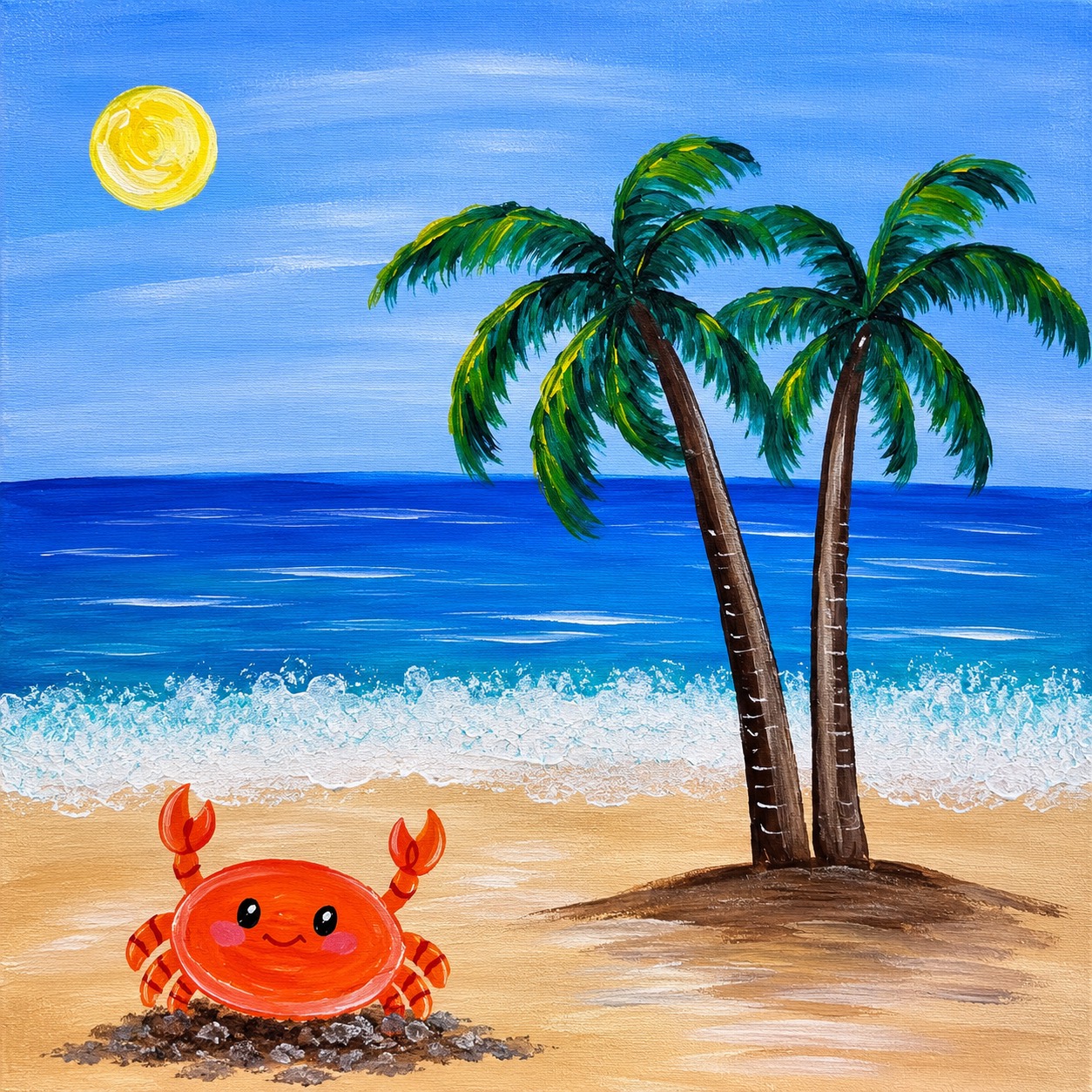 Palm tree and Little Crab beach painting with ocean waves and a sunny sky