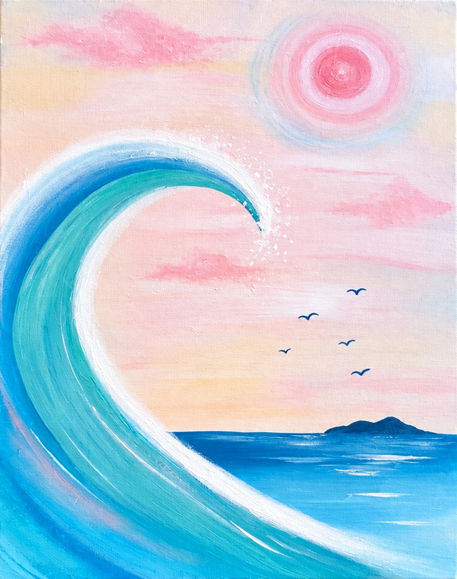 Pink Moon Wave beginner friendly painting design with a blue wave, pink moon, birds, and ocean
