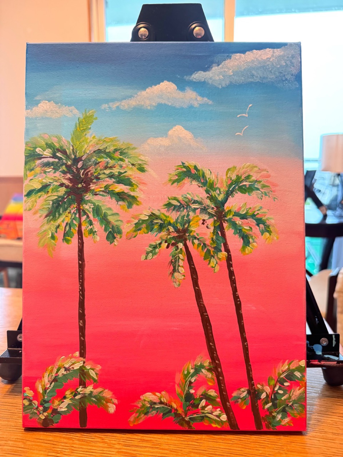 Pink Sky Palms painting with palm trees beneath a colorful summer sky