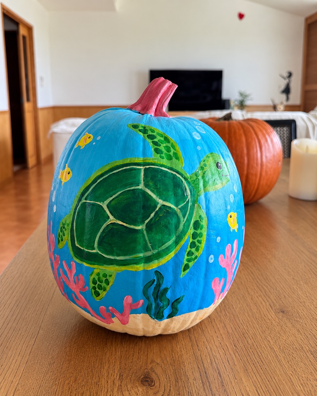 Sea turtle design painted on a real pumpkin