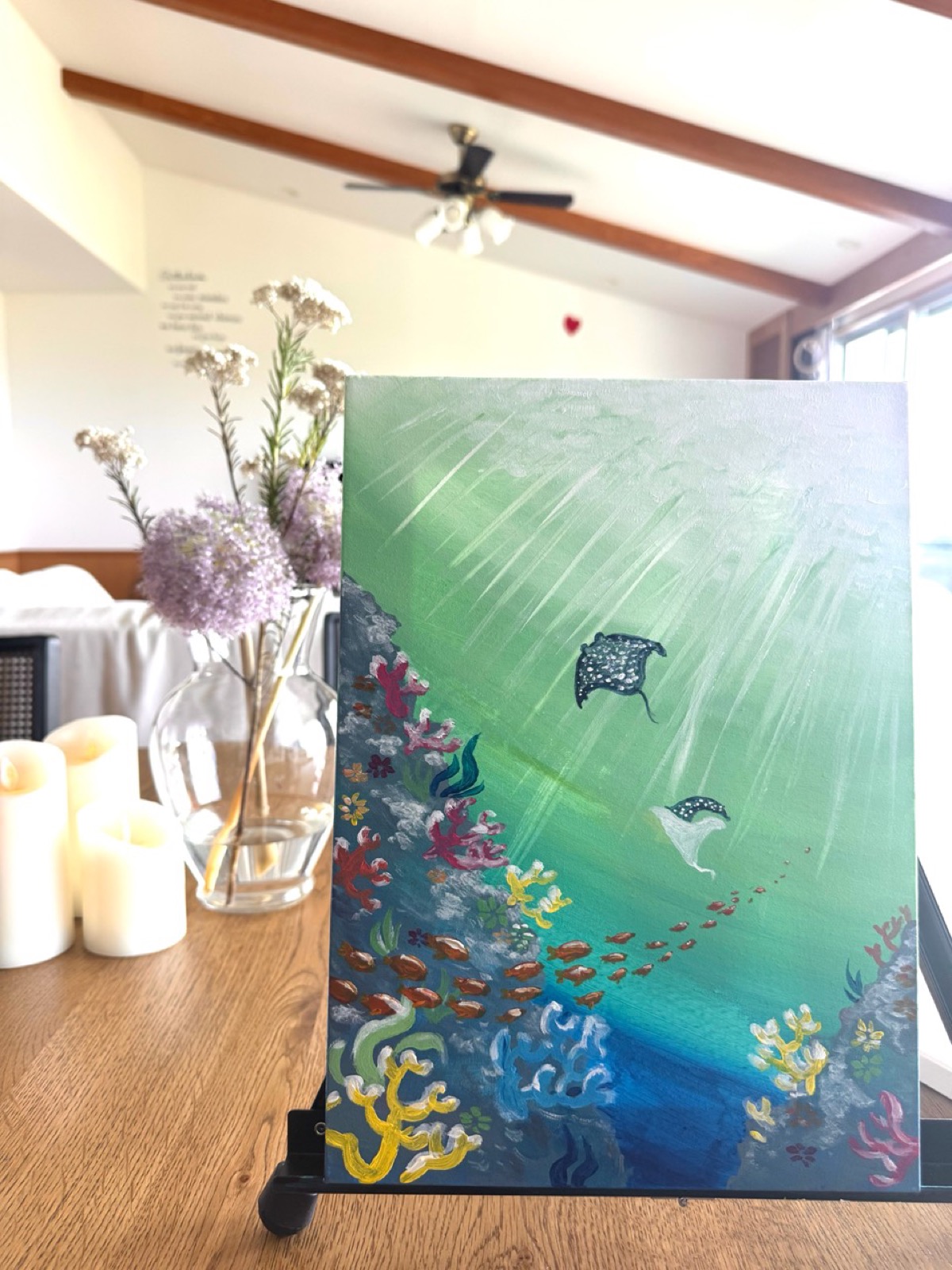 Rays of Okinawa under-the-sea painting with coral, fish, and manta rays