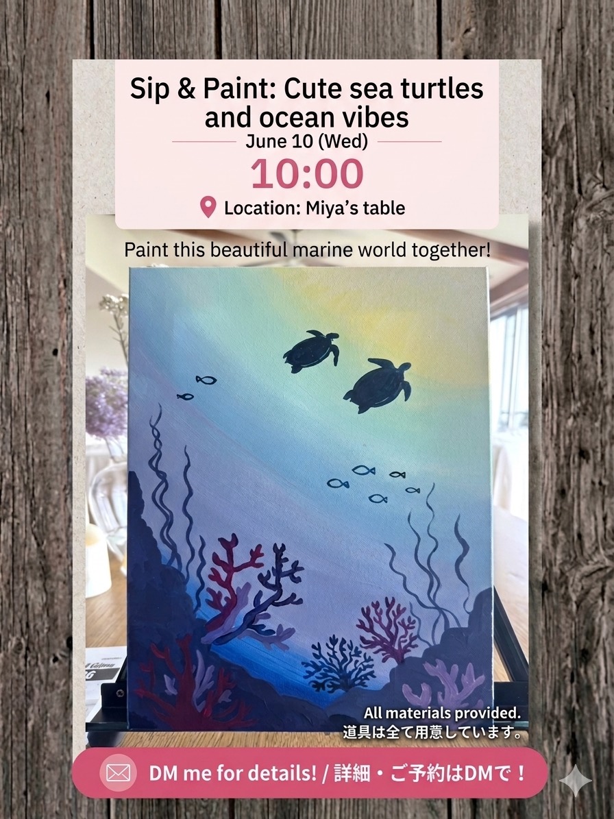 Cute sea turtles and ocean vibes painting session announcement
