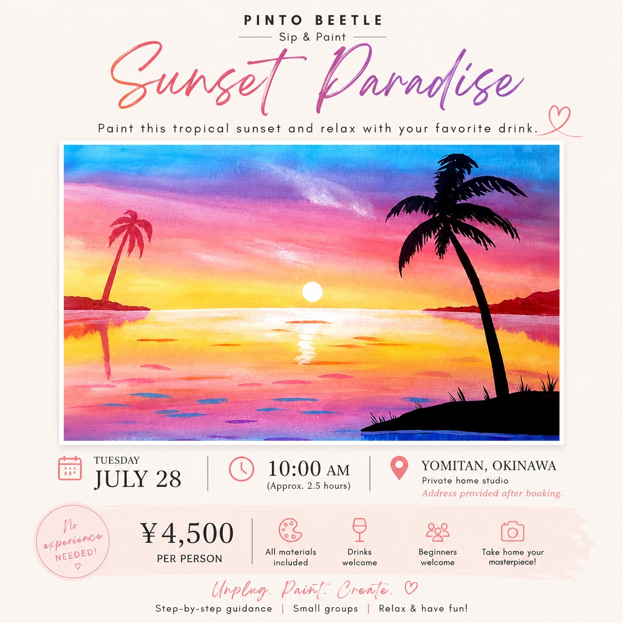 Sunset Paradise painting event announcement with tropical sunset and palm trees