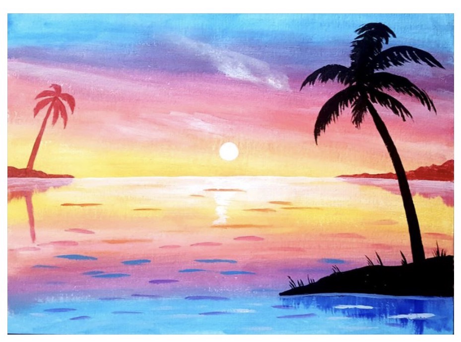 Sunset Paradise tropical sunset painting with palm trees