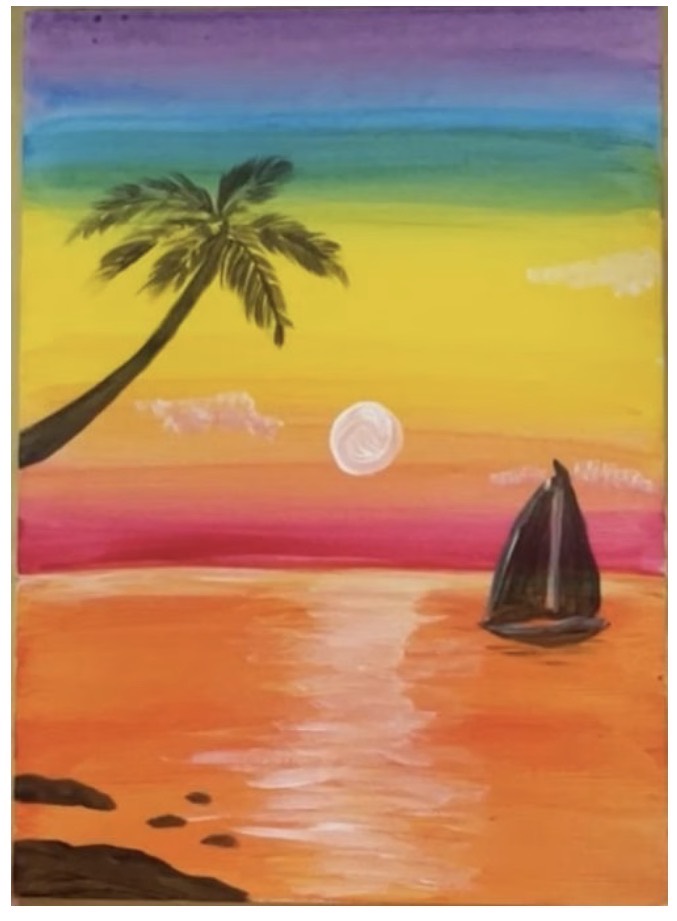 Tropical Sunset painting with a palm tree and sailboat