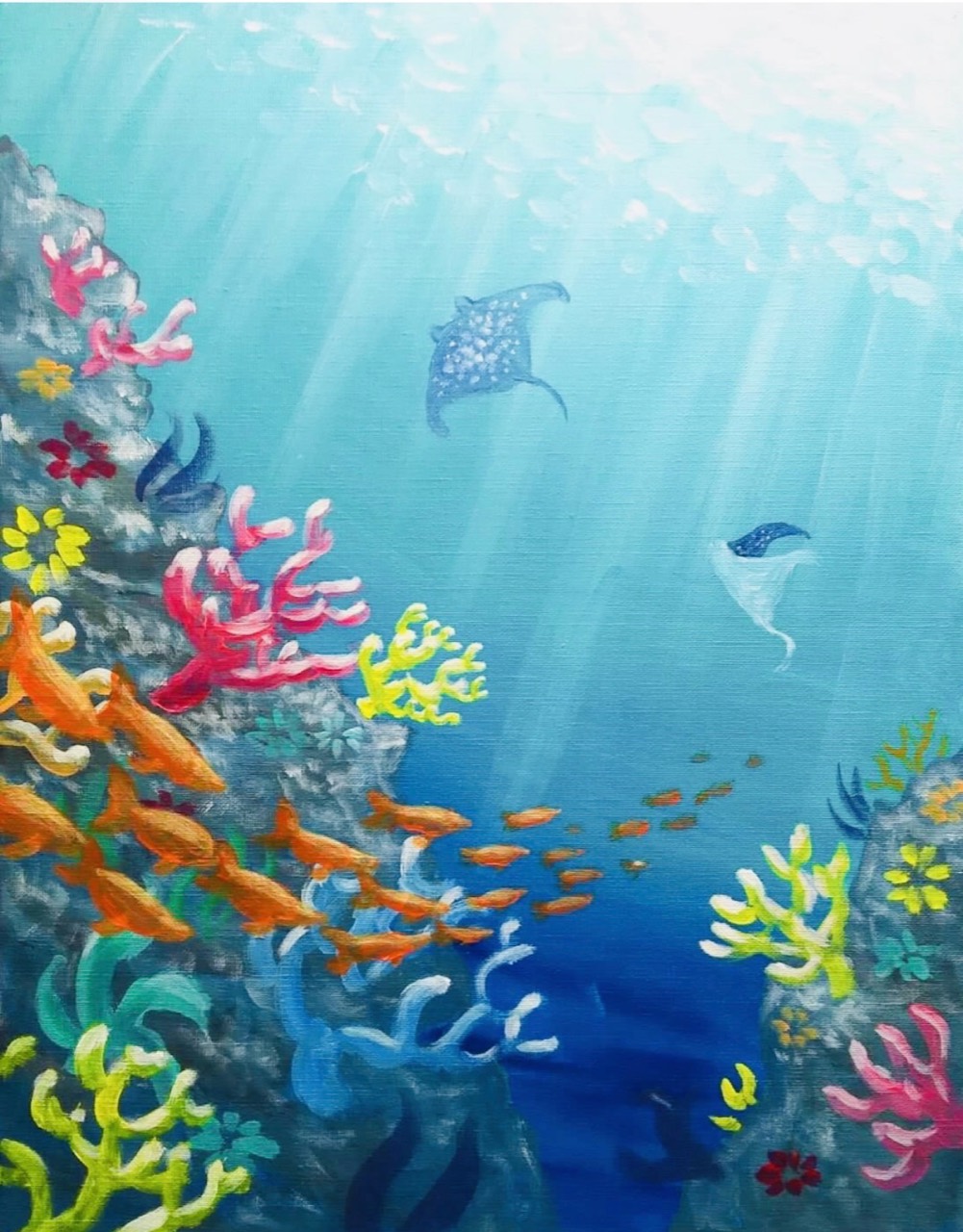 Under The Sea coral reef painting with fish and manta rays